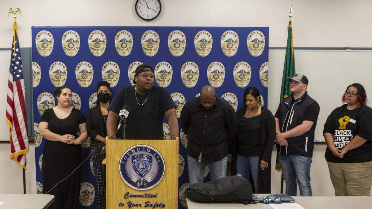 Leaders from Tri-Cities Justice for George Floyd, Jaime and the Justice League and Defend the Tri speak at a news conference Friday about their mutual respect for each other and the shared responsibility they feel to keep people safe during this weekend’s demonstrations and beyond.