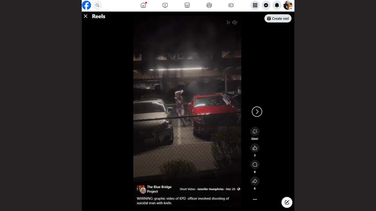 This screen grab from a video shared on Facebook, shows as Dillon Winters, 27, charging with a knife at Kennewick Police officers moments before two officers fire.