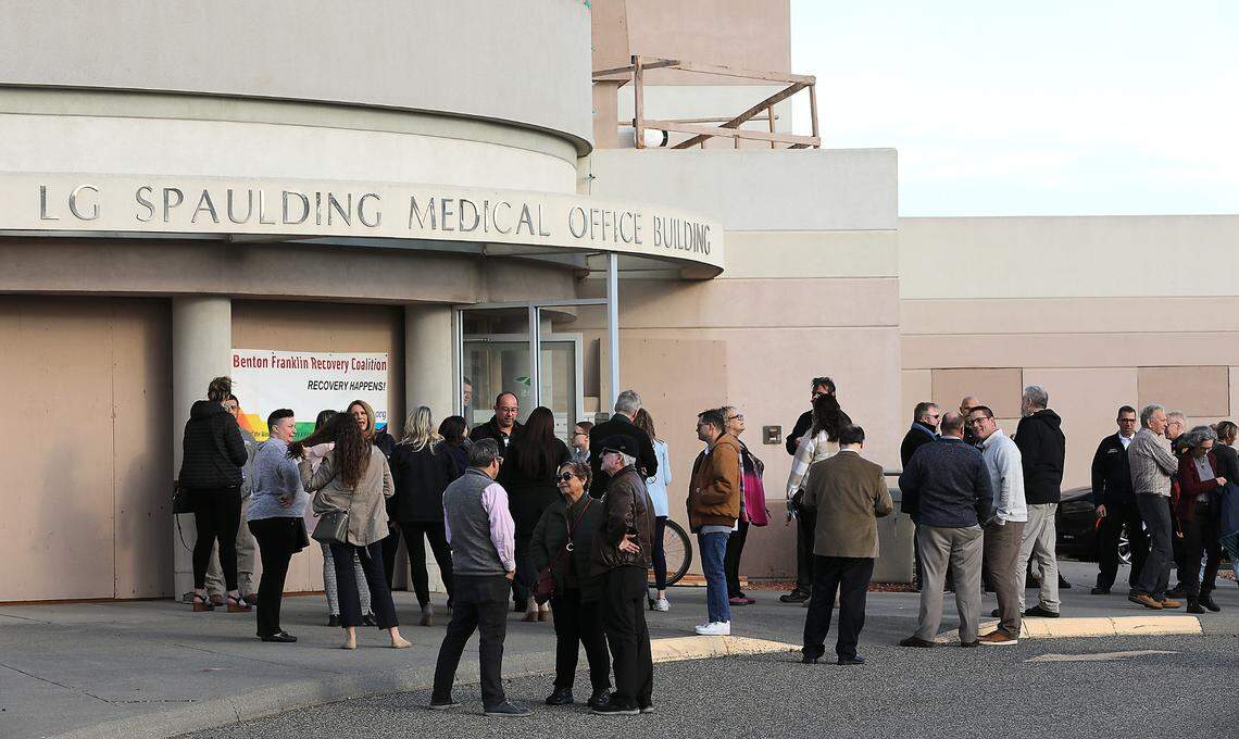 A crowd gathers outside following the groundbreaking ceremony for the Columbia Valley Center for Recovery. The new facility will open in the former KGH hospital in downtown Kennewick after an extensive remodeling project.