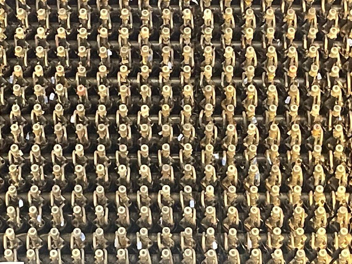 A close up look at the 2,004 fuel processing tubes as seen from the face of the B Reactor at Hanford. Uranium fuel slugs were loaded into the tubes to be processed into the plutonium used in the first atomic bombs.