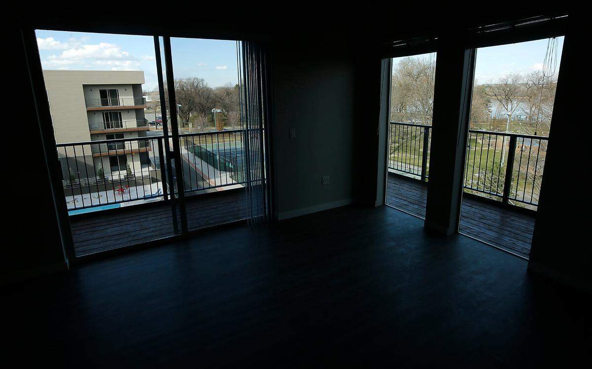 A corner unit on the east side of the new $20 million Park Place Apartments offers a view through a sliding glass door and windows overlooking the complex’s pool area and Richland’s Howard Amon Park along the Columbia River near Lee Boulevard through a sliding glass door and windows.