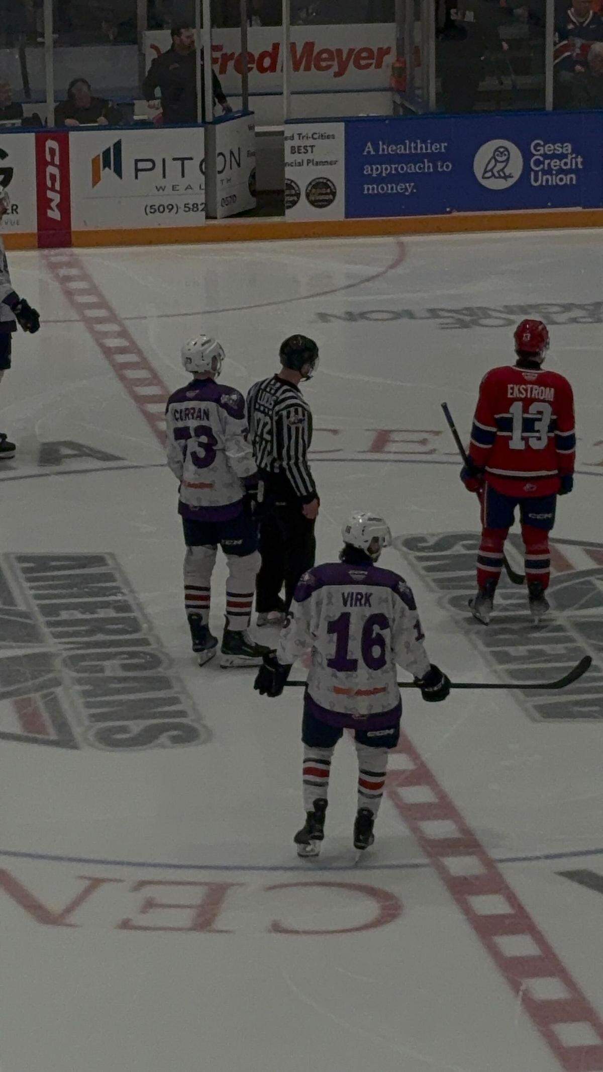 Max Curran and Savin Virk on the ice at the Toyota Center during the March 22 game against the Spokane Chiefs.