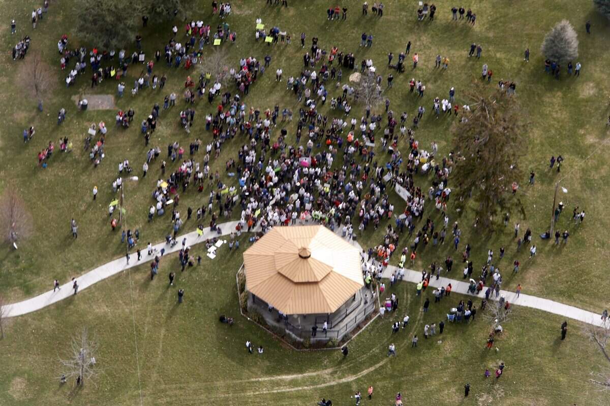 Several hundred people gather for an anti-police brutality protest in 2015 at Volunteer Park in Pasco in response to the death of a man killed by three Pasco police officers.