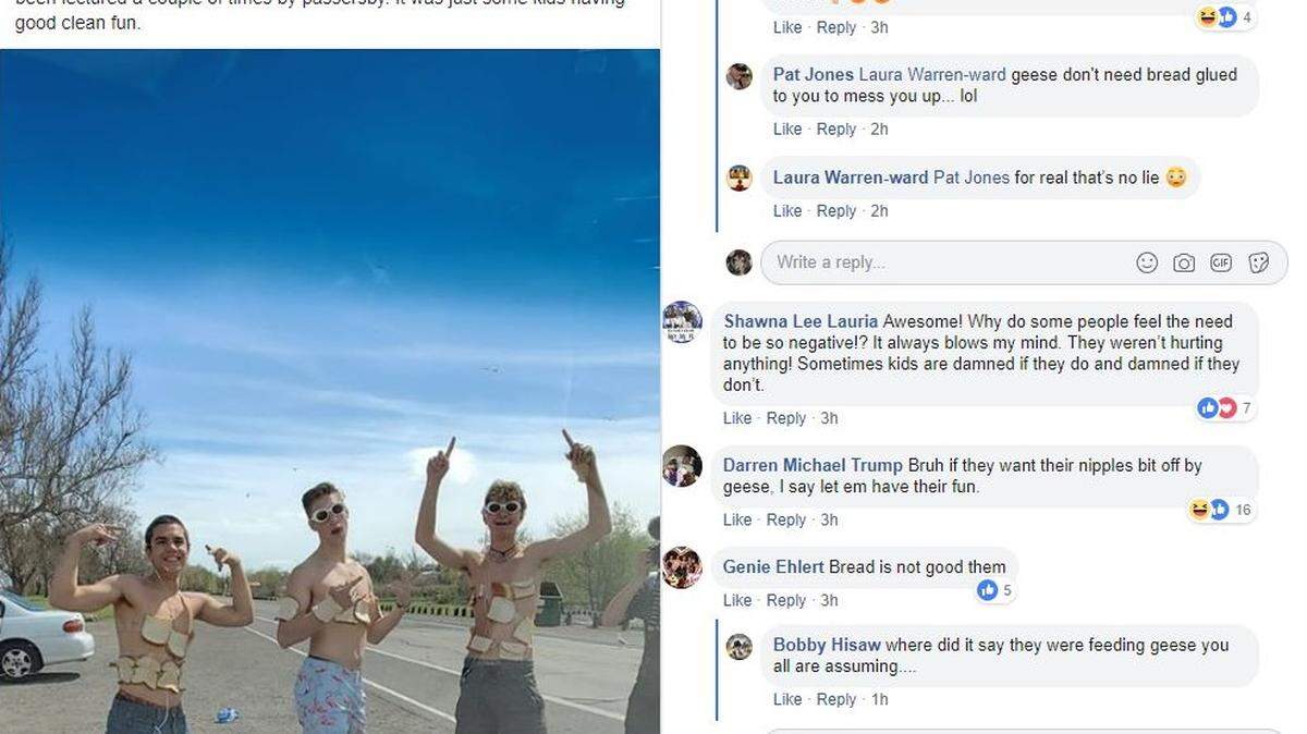 A Pasco woman posted this photo on Facebook of some teens who breaded themselves to feed the geese at the duck pond in Columbia Park in Kennewick.
