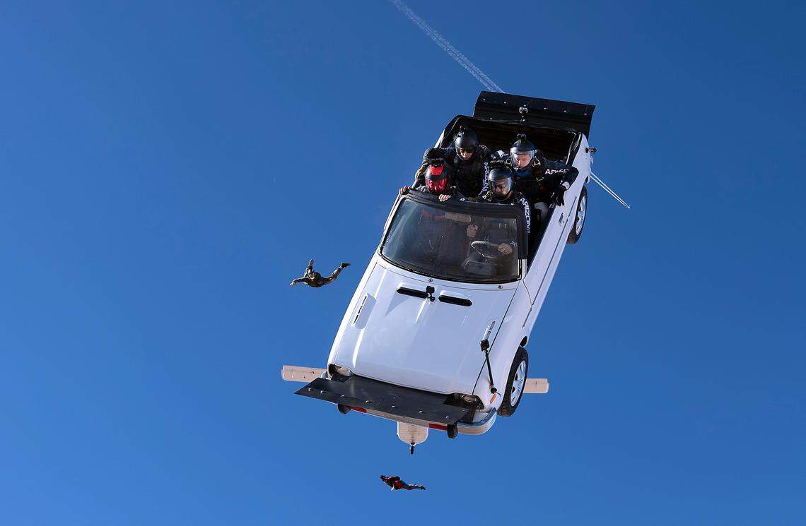 Joe Jennings and his crew attempt to make a car fly after being dropped from an airplane in this dramatic scene from the documentary directed by Kennewick High graduate Bryce Leavitt called Space Cowboys.