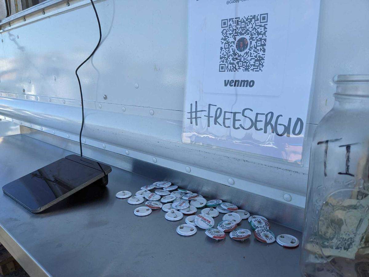 Buttons with “Free Sergio” printed on them and a link to donations are placed prominently outside Hibachi Explosion in Kennewick, WA. 