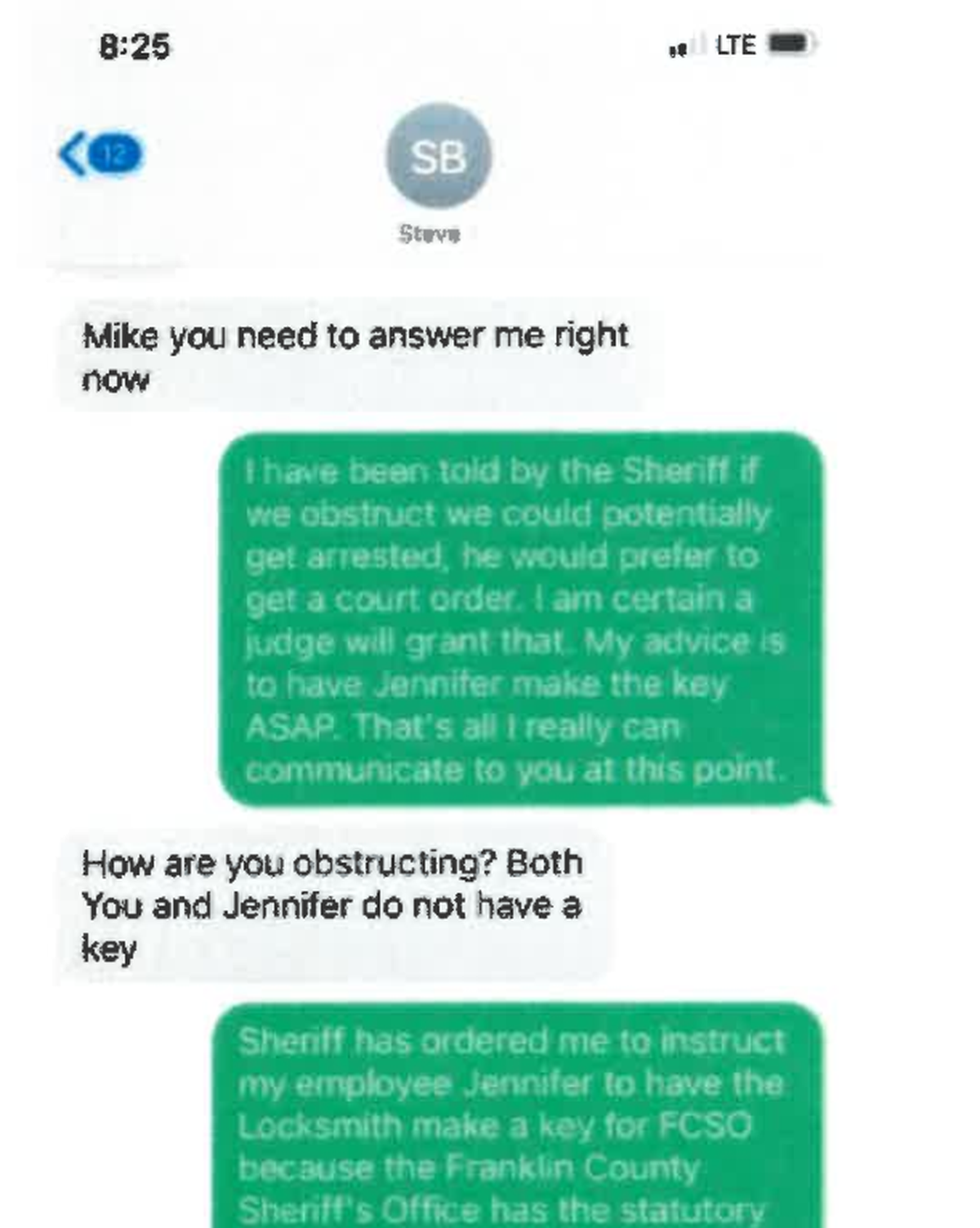 A series of text messages between former County Administrator Mike Gonzalez and Commissioner Stephen Bauman.