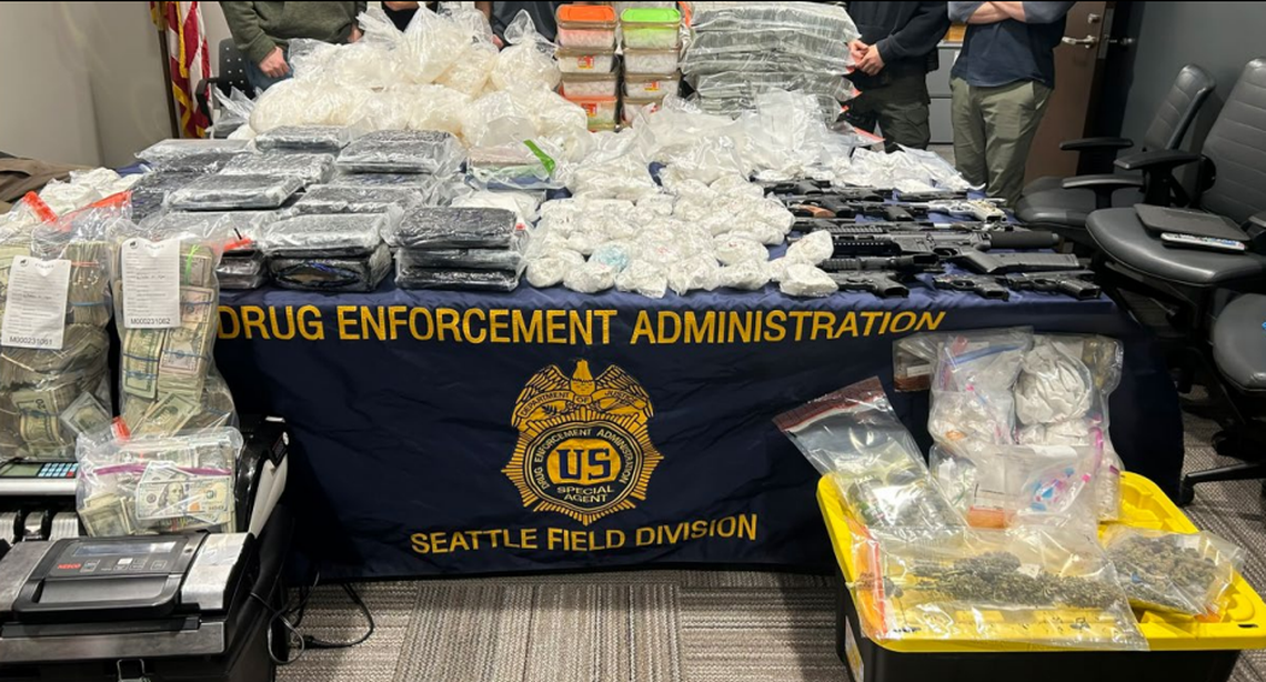 More than 164 pounds of powdered fentanyl, more than 200 pounds of methamphetamine and 16 firearms were seized at residences across the Tri-Cities on March 3, 2026. It was the largest seizure of illicit drugs in the history of the Eastern Washington District Attorney’s Office. Some of what was seized is shown.