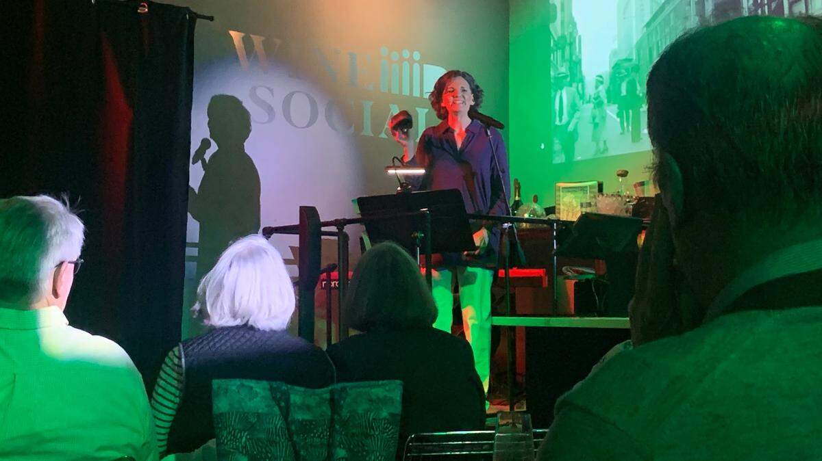 Playwright and producer Eileen Voiland at Wine Social on The Parkway for a showcase of her original musical, Up First Hill.