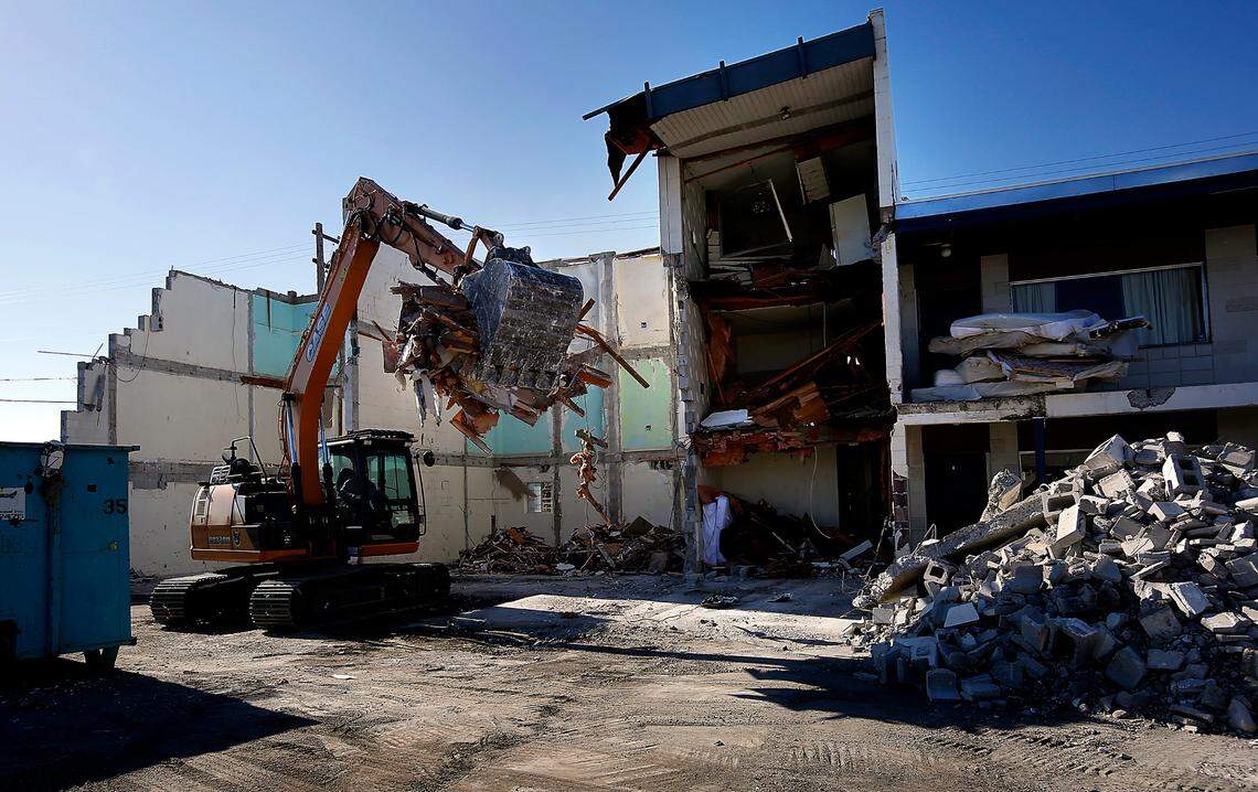 Bart Andrist of Andrist Enterprises of Kennewick uses an excavator to raze the former Thunderbird Motel at 414 W. Columbia St. in Pasco. The City of Pasco recently spent $1.2 million to buy and tear down the troubled motel, which was built in 1965, that’s been a hotbed of crime. After the motel is knocked down, the city expects to turn the property into expanded parking for the recently renovated Peanuts Park and Farmers Market across the street. The demolition project is expected to last until late August.