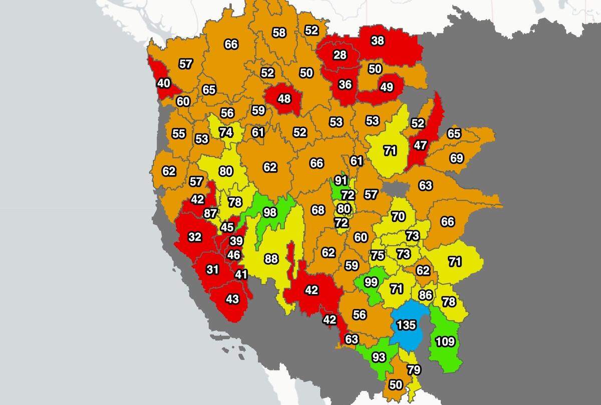 At the start of the month the snow pack in Washington state was well below normal as shown by percentages compared to median values.