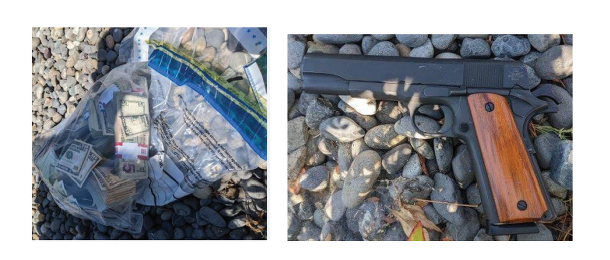 This image from court documents shows the gun and bag of money involved in the Aug. 17, 2022 robbery of the Wildhorse Resort and Casino.