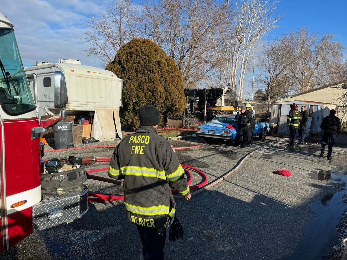 A travel trailer was destroyed in a fire just before 11 a.m. Monday in a Third Avenue neighborhood near Pasco’s Volunteer Park. Two people living in the trailer are believed to have been trying to thaw frozen pipes when the fire started, said Pasco Deputy Fire Chief Ed Dunbar. Pasco firefighters were assisted by crews from the Kennewick Fire Department and Franklin County Fire District 3.