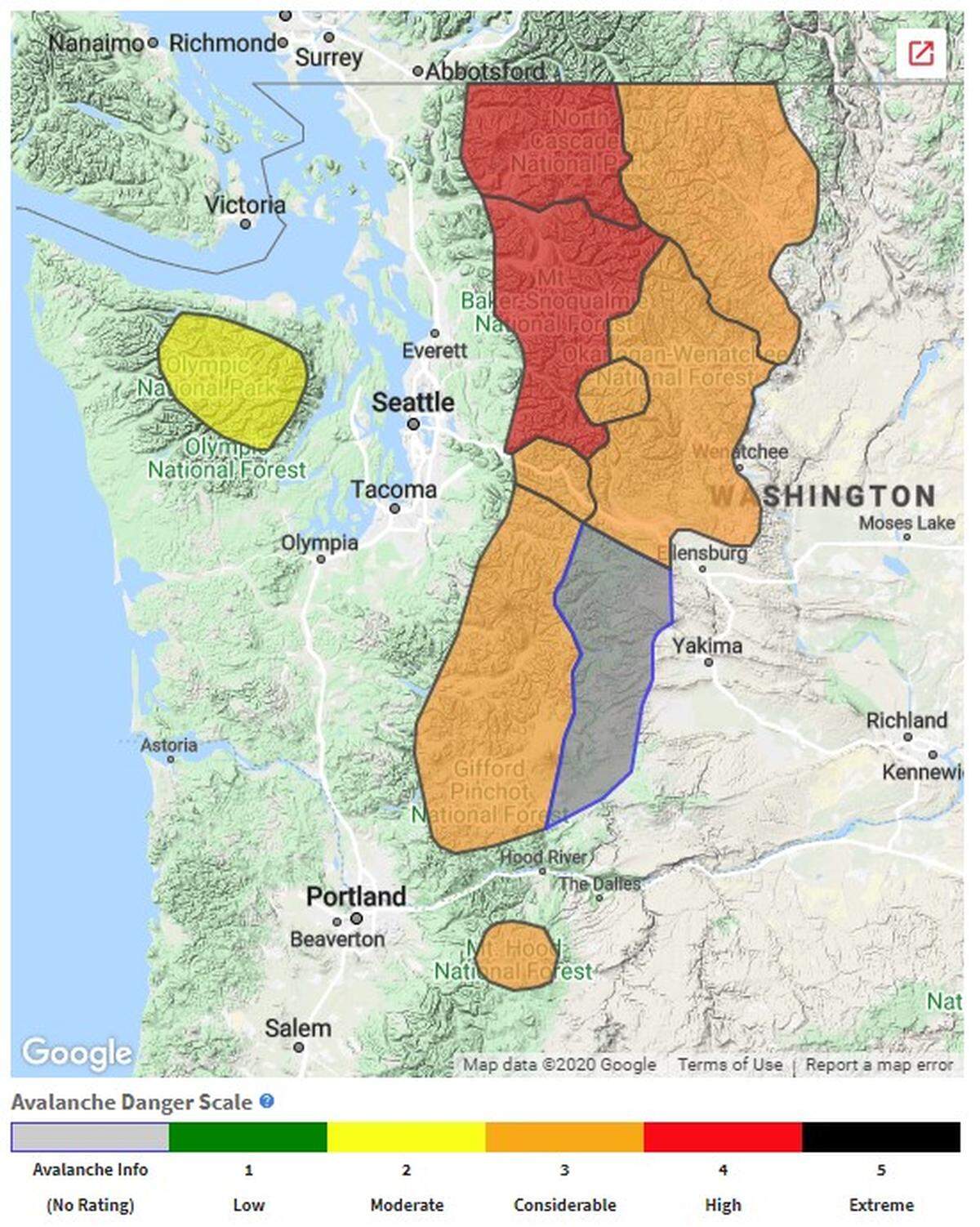 The latest reports from the Northwest Avalanche Center www.nwac.us rate the Avalanche Danger to be Considerable to High throughout most of the Central Cascades.