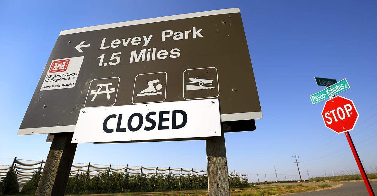 A sign for Levey Park is still in place along the Pasco-Kahlotus Highway for the closed U.S. Army Corps of Engineers park on the Snake River in rural Franklin County, northeast of Pasco.