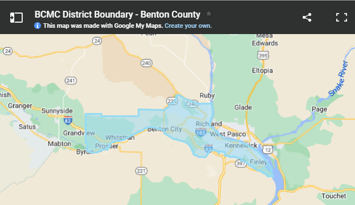 The area served by the Benton County Mosquito Control District is shown in blue.