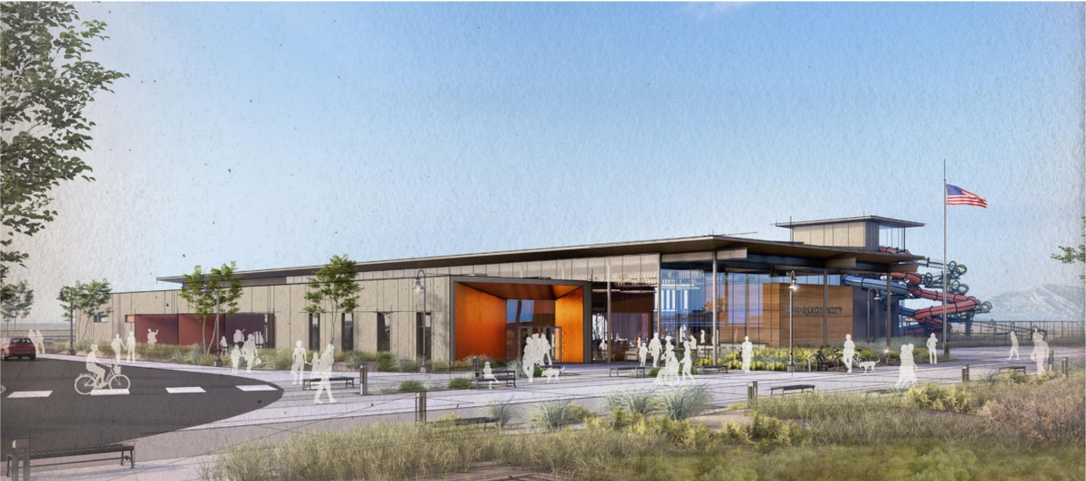 A rendering from NAC Architecture shows concept art for the entrance of the future Pasco Aquatic Center.
