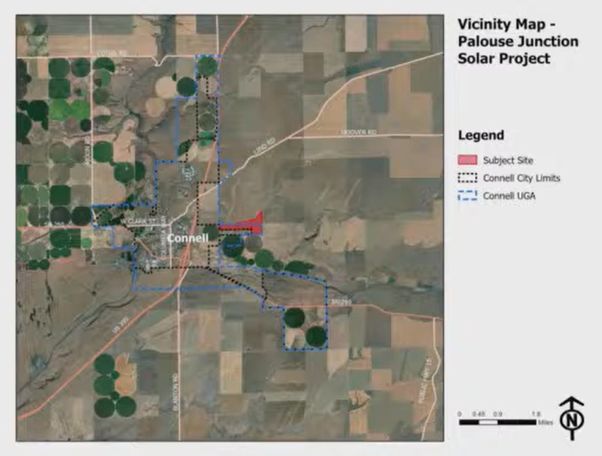 The location of the planned Palouse Junction Solar project on the edge of Connell, Wash., east of Highway 395 is shown.