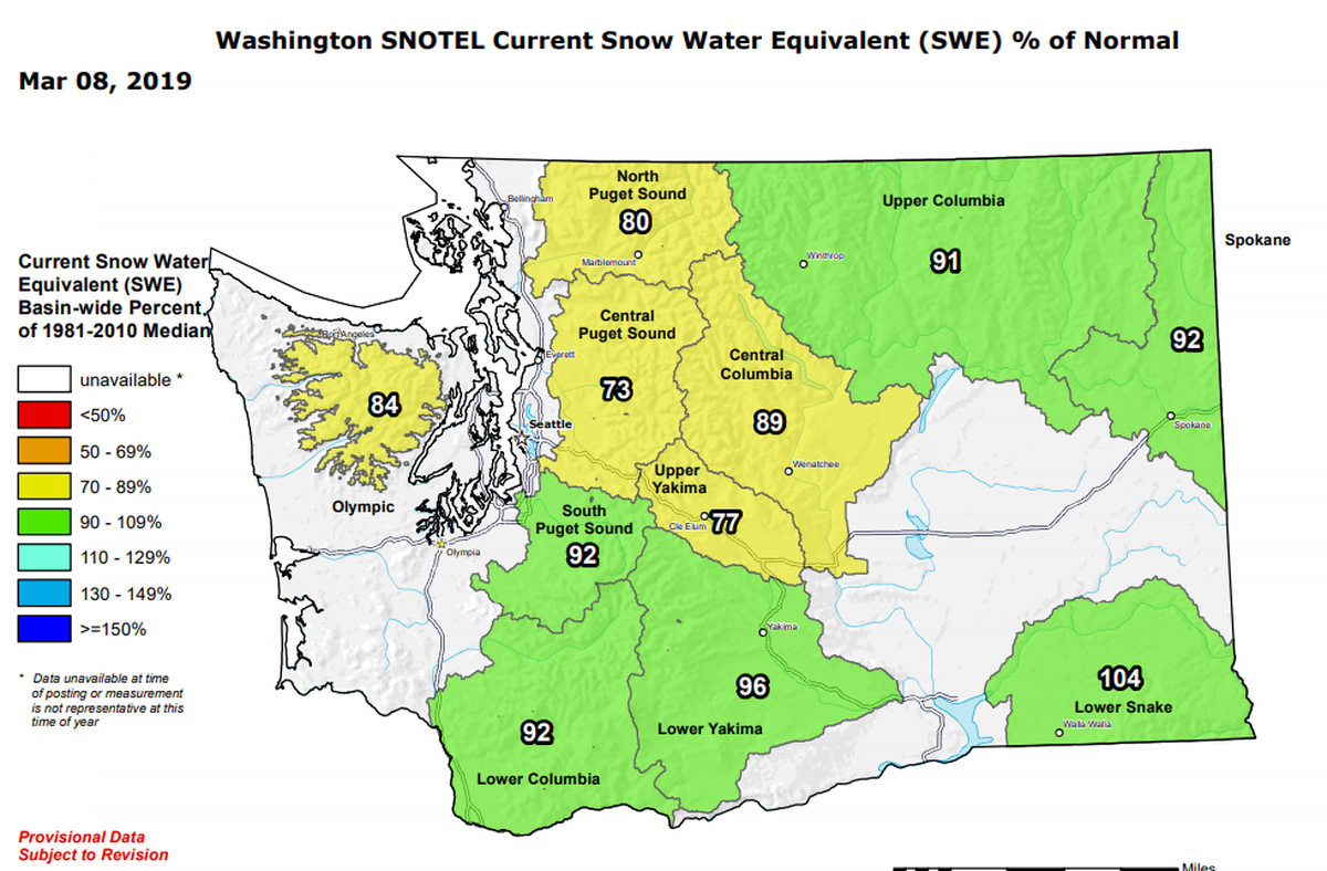 The snowpack in the Cascade Mountains, shown here as the “snow water equivalent” percent of normal as of March 8, is one of the factors the Bureau of Reclamation uses for its irrigation water forecast.