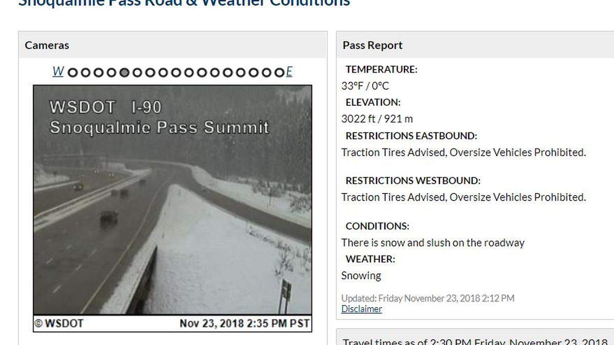 A winter storm warning remains in effect through 4 p.m. Saturday for Snoqualmie Pass and the North Cascades.