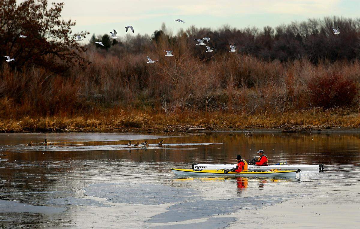 A flock of gulls flies off as a pair of kayakers investigate the layer of ice near in the waters near Bateman Island and the Columbia Park Marina in this file photo
