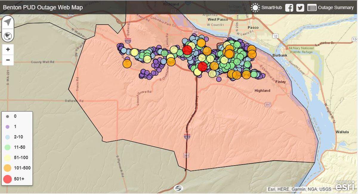 Benton PUD’s outage map shows the extent of a widespread loss of electricity in Kennewick.