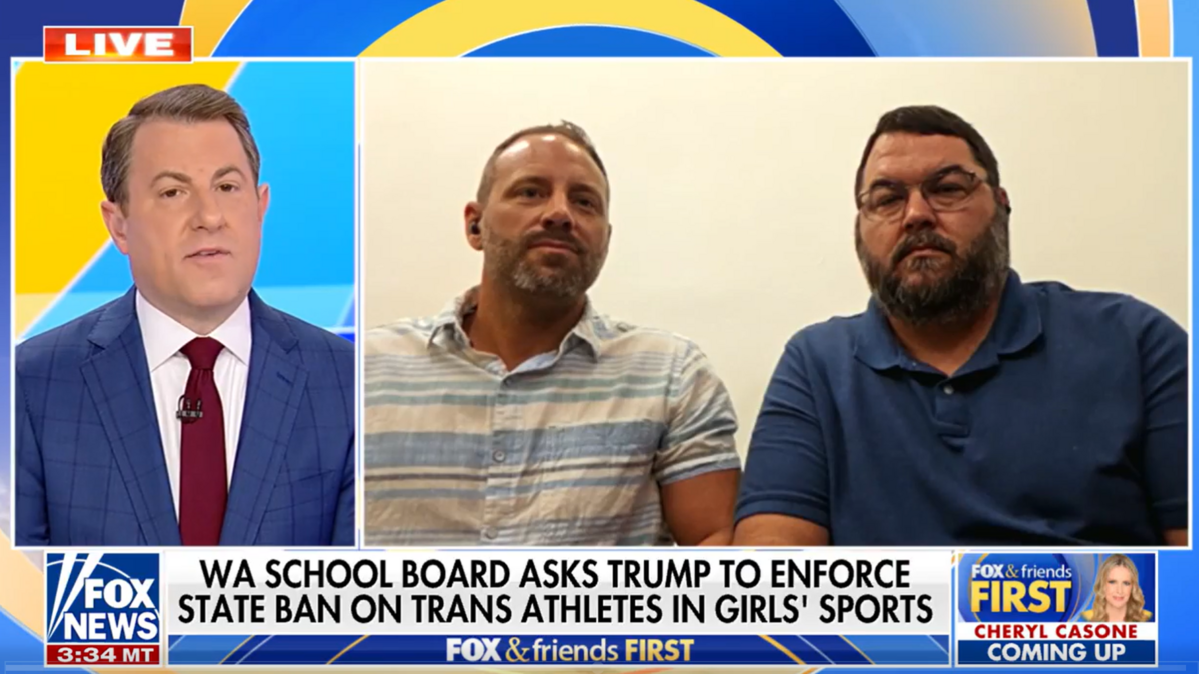 Kennewick School Board President Gabe Galbraith, right, and Vice President Micah Valentine, center, speak with “Fox & Friends First” host Todd Piro on Monday about Washington’s laws on transgender students in sports and locker rooms.