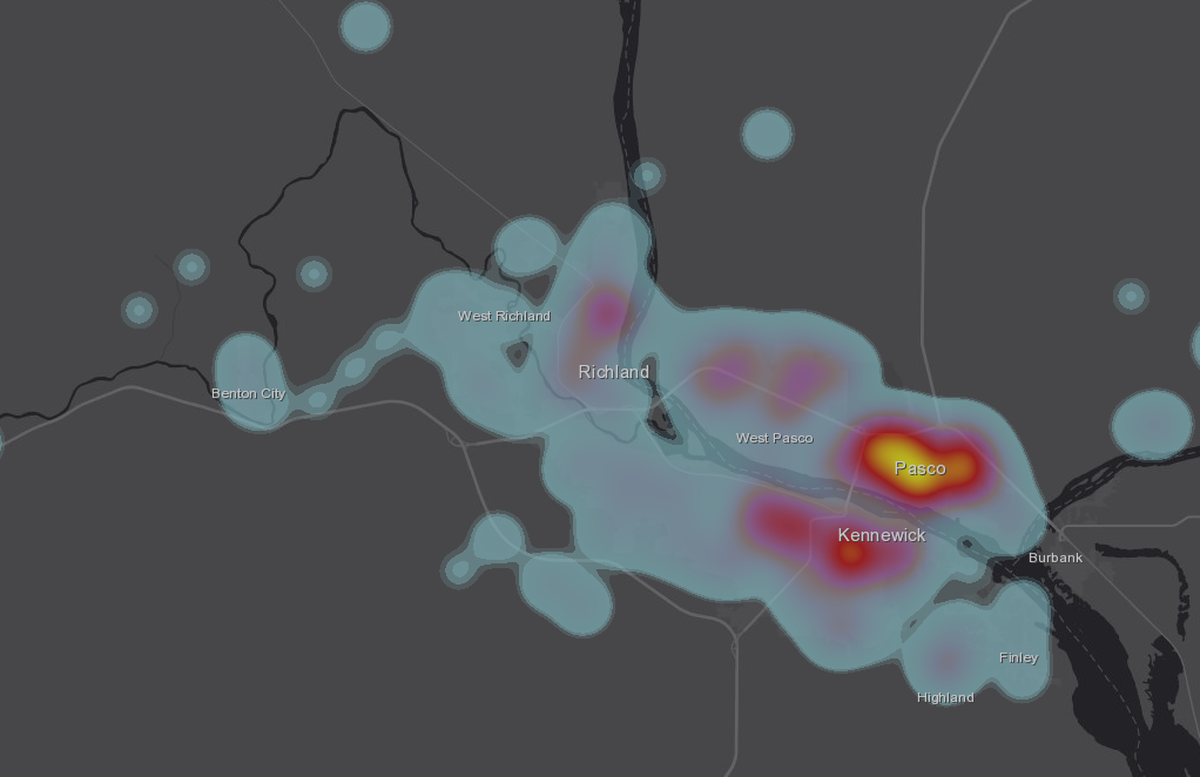 A “heat map” shows where COVID-19 cases ahve been reported over about the last four weeks in the Tri-Cities area.