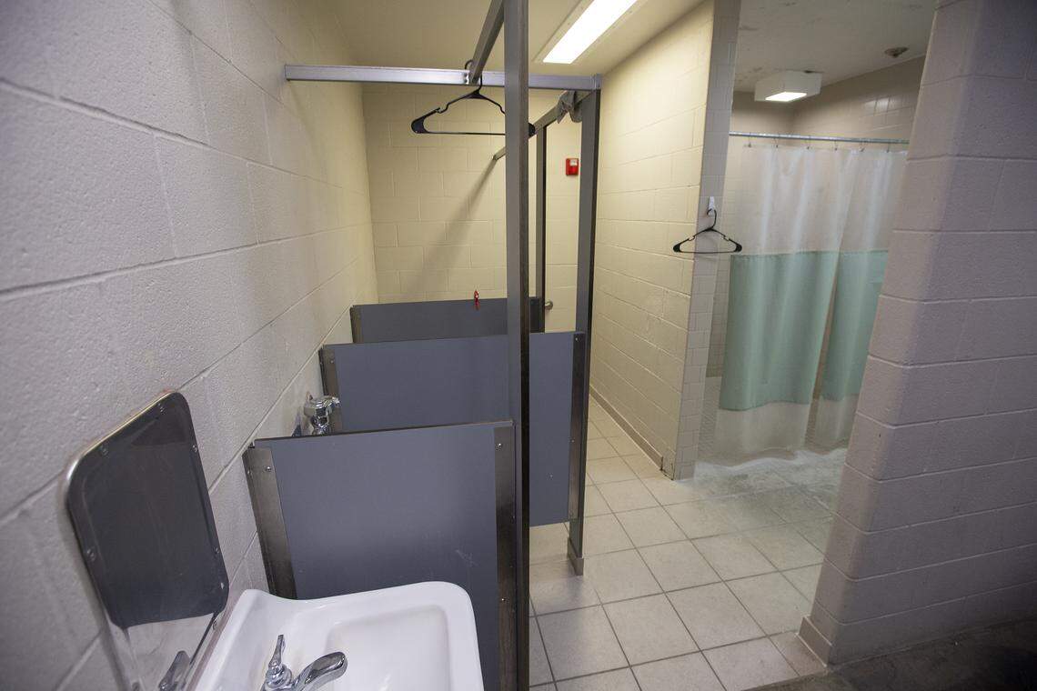 Inside the men’s work realease room bathroom and shower area at Benton County Jail in Kennewick.