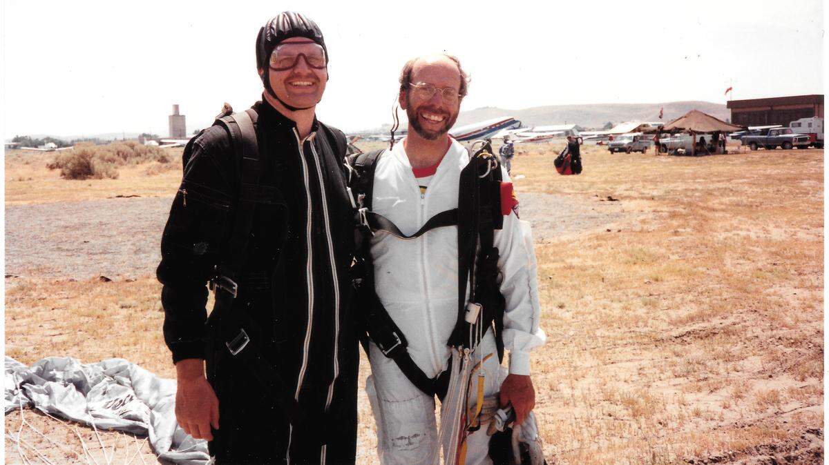 “I’ll admit I was petrified of getting into that airplane which appeared to be old and rickety. I prayed continually as we took off ... ,” writes Lee Walter, pictured with his skydiving instructor.