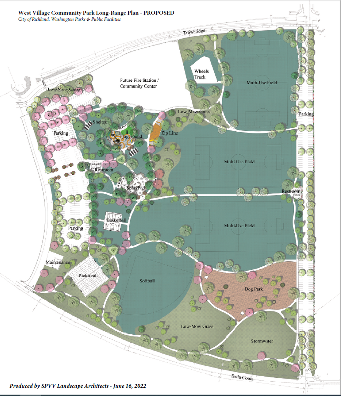 A rendering shows the proposed West Village Community Park in the Badger Mountain South development in Richland.