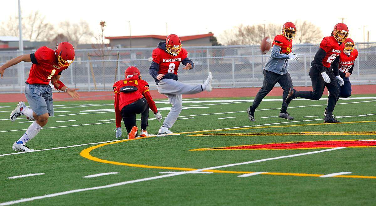 The Kamiakin Braves football team recently practice kickoff drills in preparation for the upcoming abbreviated COVID-19 high school football season that begins Feb. 26.