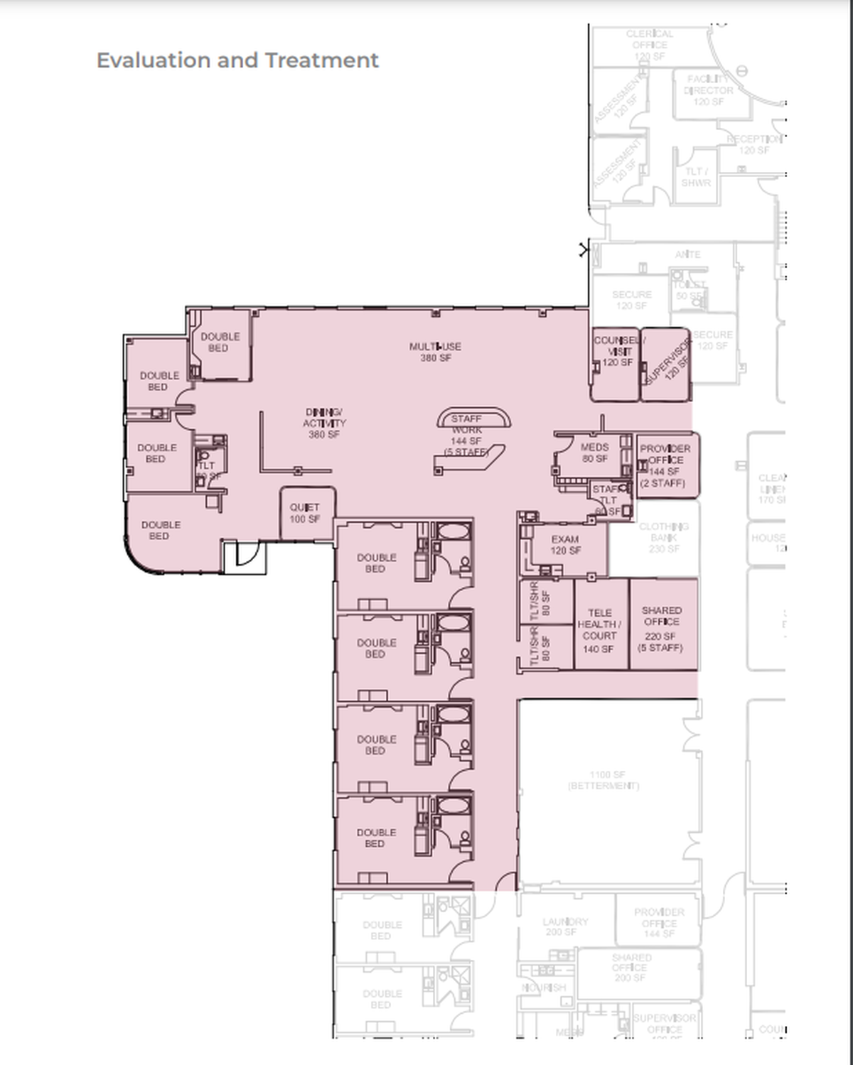 A preliminary floorplan for the Evaluation and Treatment intake portion of the Columbia Valley Center for Recovery.