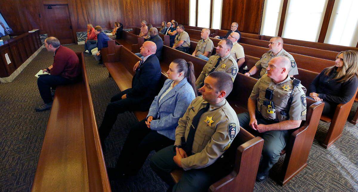 About 25 listen as Judge Brandon Johnson from Walla Walla speak at Thursday’s court hearing in Franklin County Superior Court in Pasco.