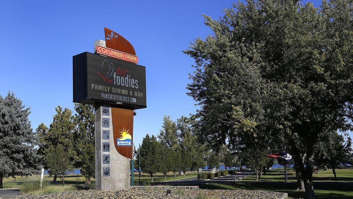 A city of Kennewick electronic readerboard sign at the entrance to Columbia Park off Highway 240 in Kennewick.