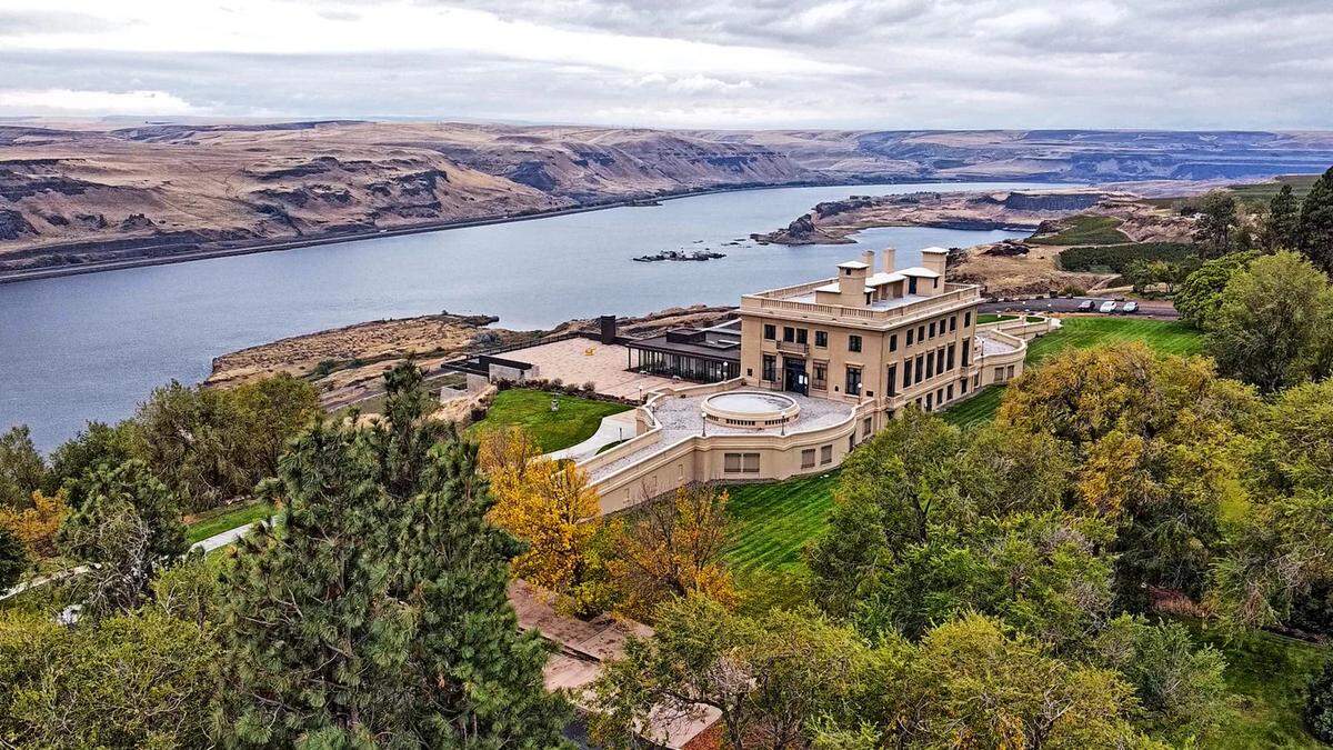 Aerial view of the Maryhill Museum of Art overlooking the Columbia River Gorge.