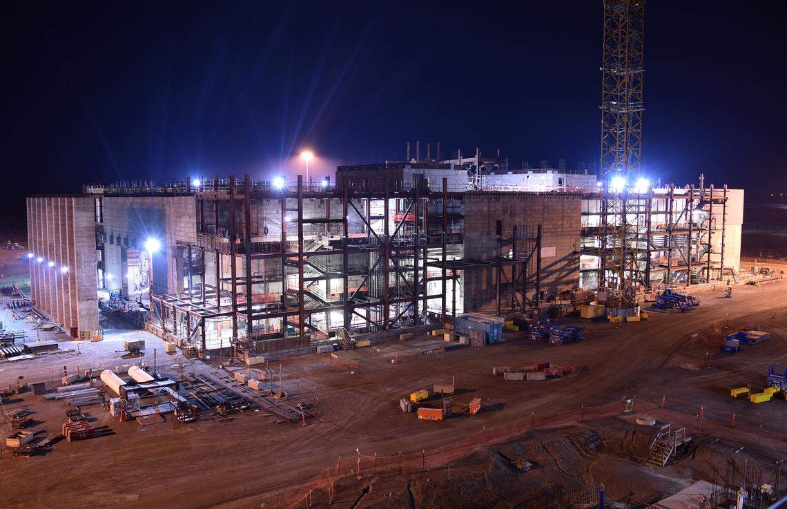 Lights shine at night at the High-Level Waste Facility at the Hanford vitrification plant.