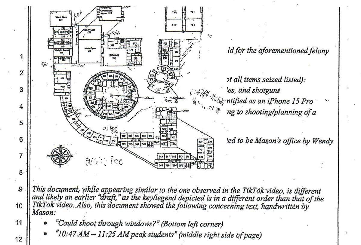 A map of Kamiakin High School with handwritten notes was included in Benton County Superior Court documents. Editor’s Note: This image has been digitally altered to remove personally identifying information.