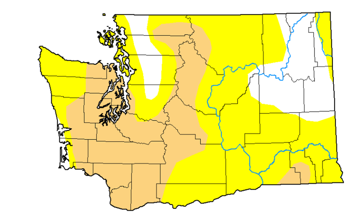 Beige indicates moderate drought and yellow areas are abnormally dry.