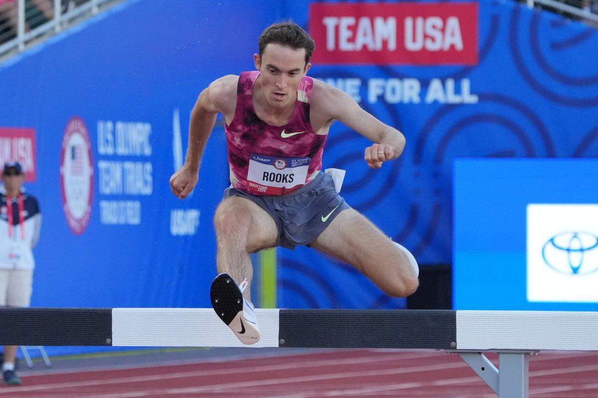 Jun 23, 2024; Eugene, OR, USA; Kenneth Rooks wins the steeplechase in 8:21.92 during the US Olympic Team Trials at Hayward Field. Mandatory Credit: Kirby Lee-USA TODAY Sports