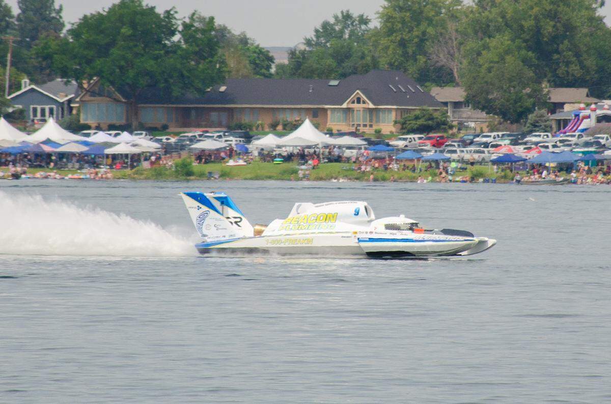Corey Peabody, driving the U-9 Beacon Plumbing hydroplane, races by in Saturday unlimited action. Peabody on the 2024 Columbia Cup on Sunday.