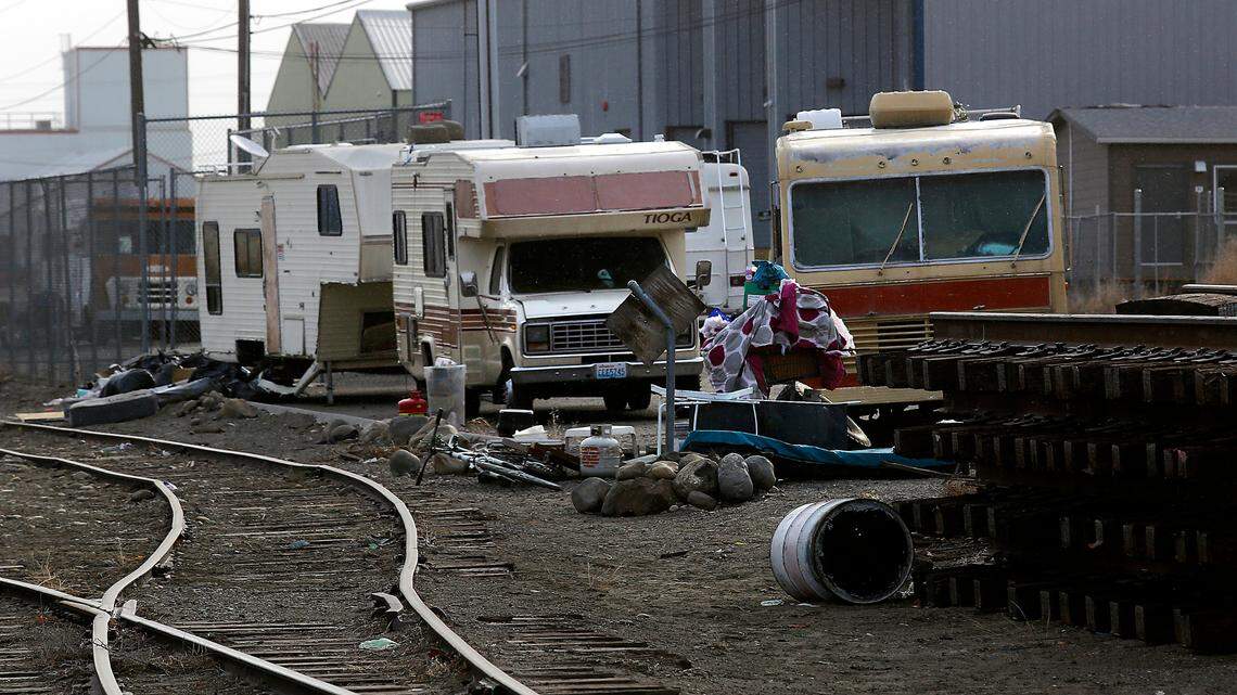 Apparently abandoned RVs sit on Railroad Avenue just east of North Fruitland Street in downtown Kennewick in February 2023