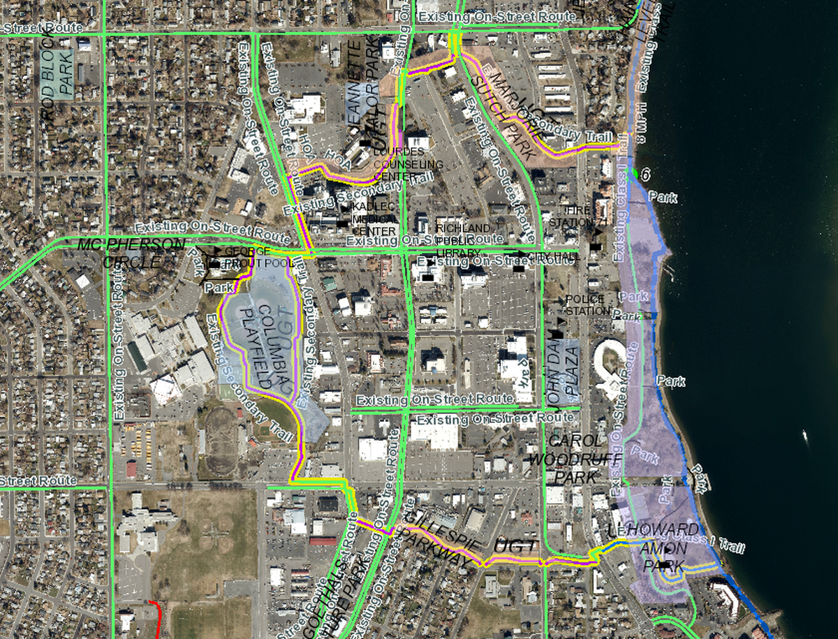 Richland’s Urban Greenbelt Trail, in red and yellow, now honors Spokane-based architect G.A. Pehrson, who was responsible for the design of central Richland in the 1940s.