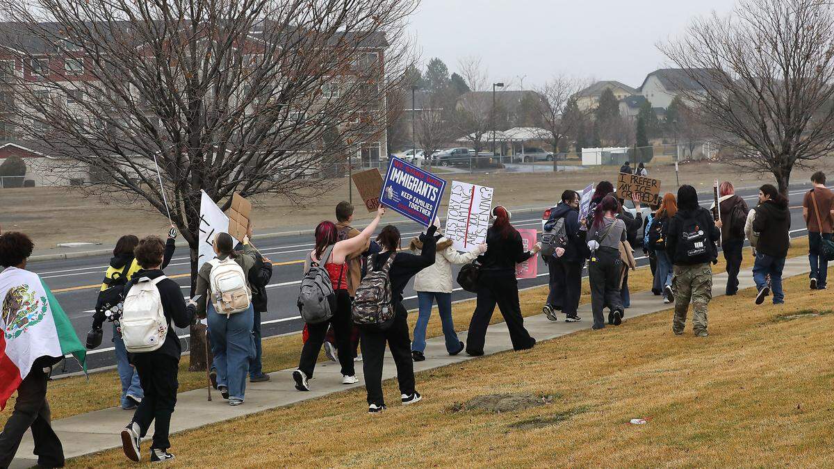 About 80 students from Southridge High School in Kennewick participate in Friday's walkouts and marches.