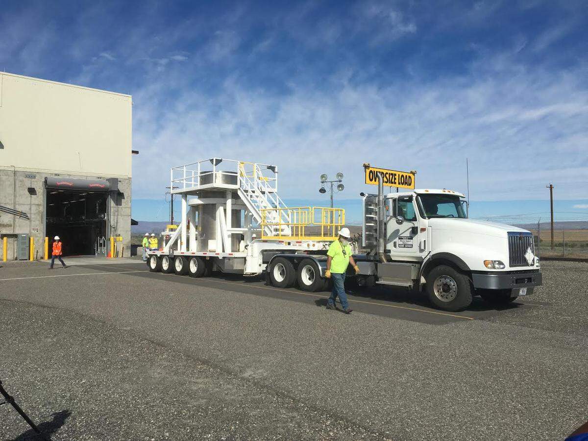 The first shipment of highly radioactive sludge left an annex at the Hanford nuclear reservation's K West Reactor Basin, which is near the Columbia River, at about 10:30 a.m. Monday. It was taken to central Hanford for storage away from the river.