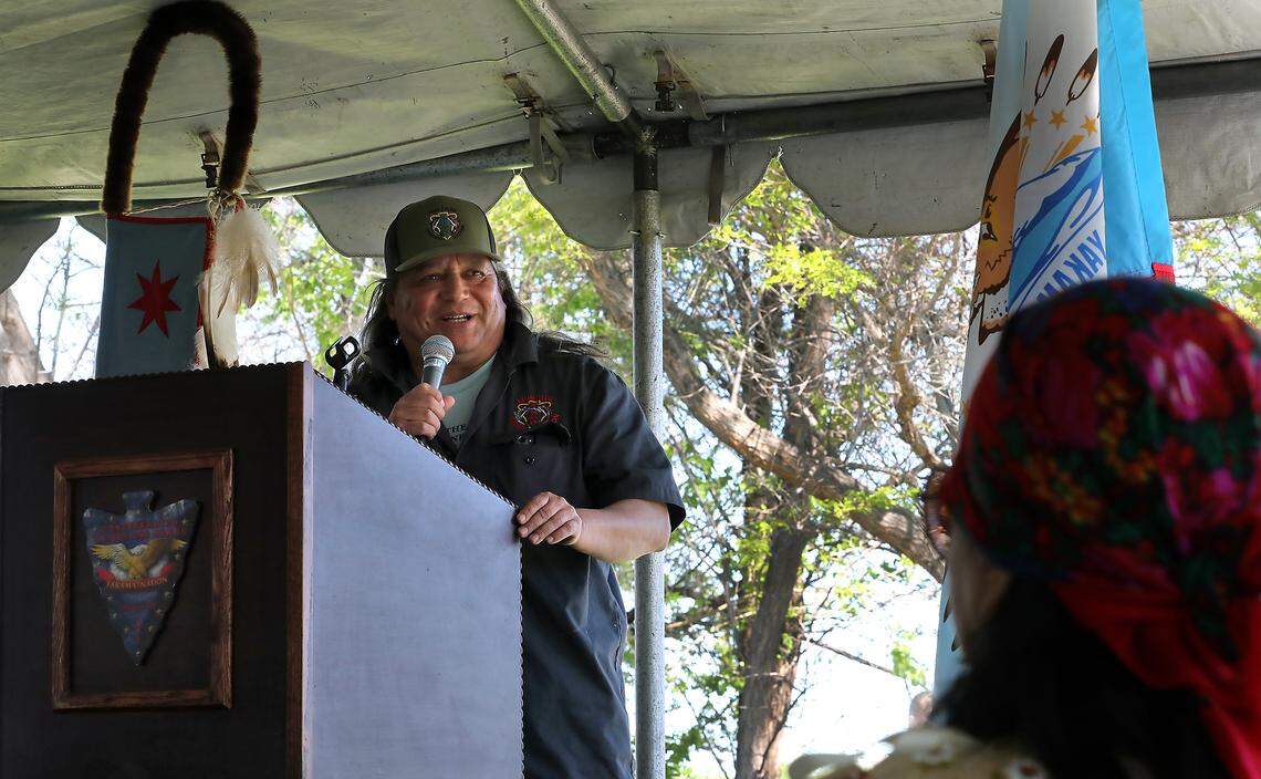 Joe Blodgett, Yakama Klickitat Fisheries project manager for the Yakama Nation Fisheries, speaks during Friday morning's gathering along the Columbia River in Richland to celebrate the reconnection of the Yakima River Delta at Chamna.