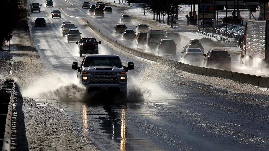 Bright sunshine and warming temperatures create sloppy and slushy conditions Tuesday morning for motorists on Highway 395 in Kennewick as snow melt runoff creates puddles. The National Weather Service also issued a wind advisory for Tri-Cities through early Wednesday, with 25 to 35 mph winds and gusts up to 55 mph.