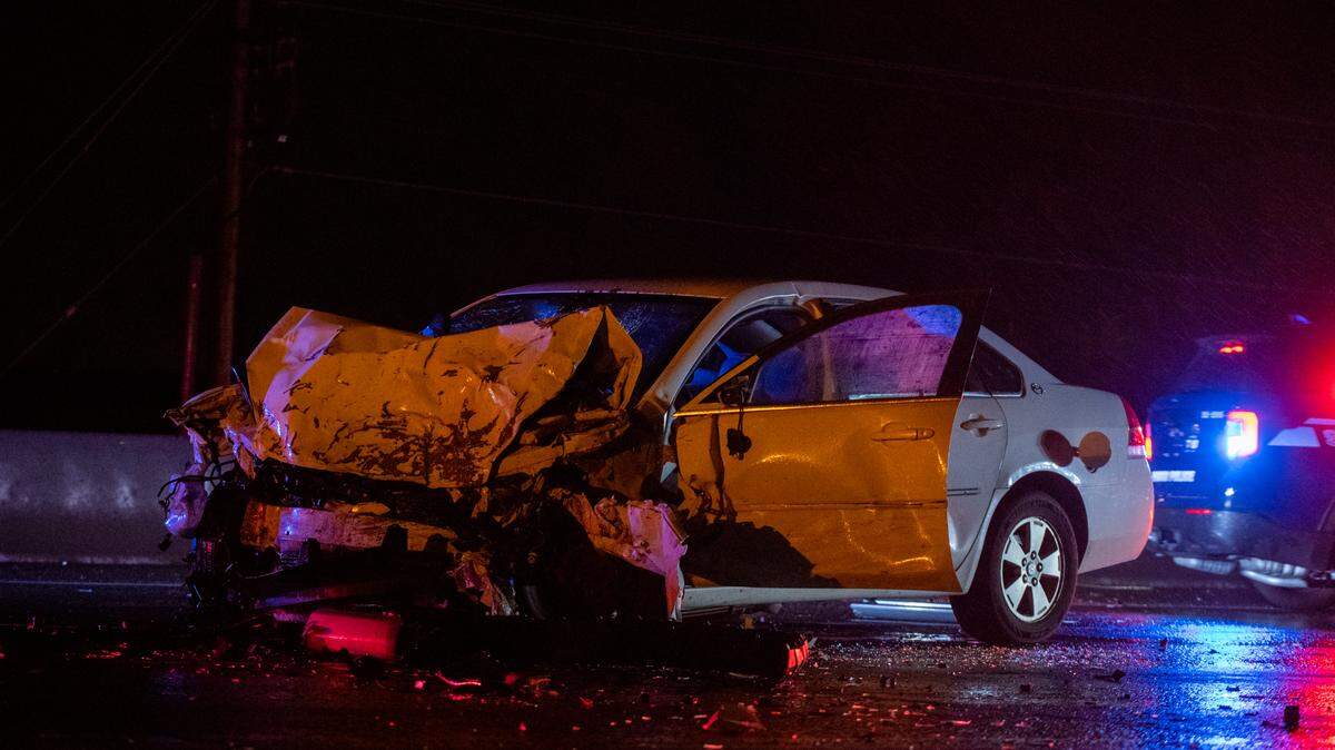 A Jeep headed the wrong way on Interstate 182 caused a three-car crash late Sunday. Two people were taken to the hospital.