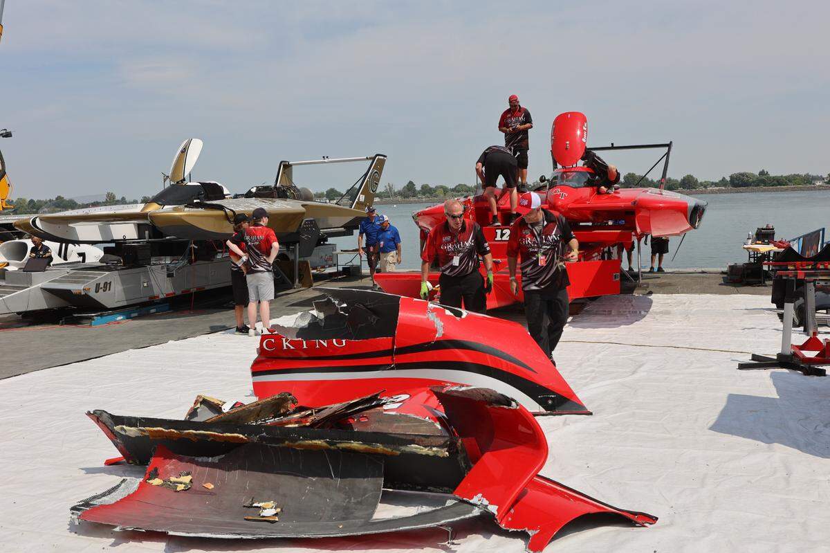 A collision during a qualifying heat left the U-12 Miss Graham Trucking unlimited hydroplane in pieces and unable to race in the 2024 Apollo Columbia Cup final.