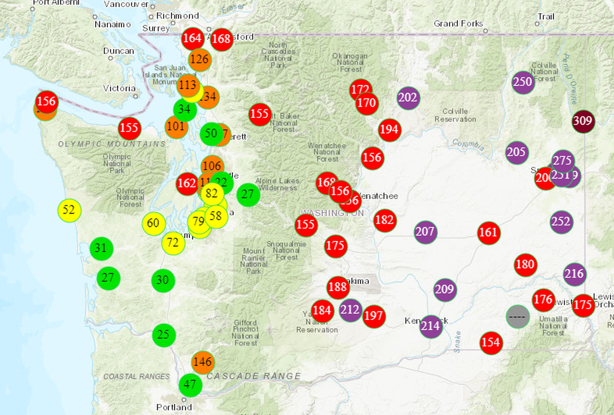 Air quality ratings for Washington state are shown for Thursday afternoon. Green is good, yellow moderate, orange unhealthy for sensitive groups, red unhealthy, purple very unhealthy and maroon hazardous.